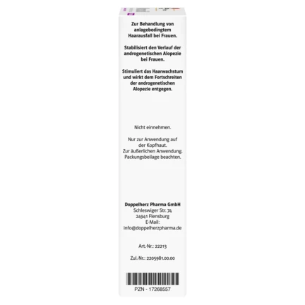 Abbildung der Produktverpackung DoppelherzPharma Minoxidil DoppelherzPharma 20 mg/ml Lösung zur Anwendung auf der Haut (Kopfhaut)  Seitenansicht rechts